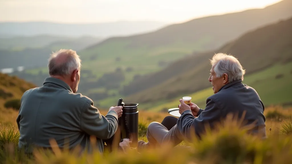 Senior hikers taking break on mountain trail with flask and snacks