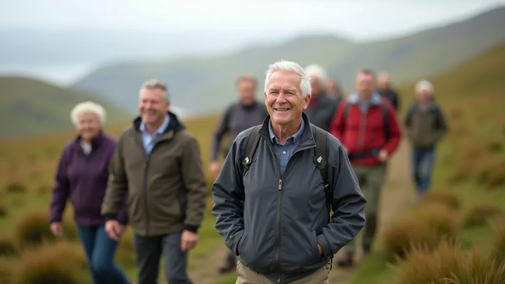 Group of active seniors enjoying outdoor leisure activity in natural landscape setting