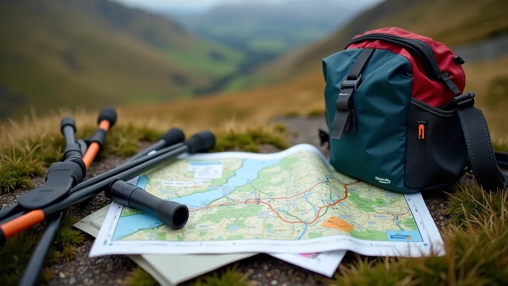 Hiking accessories including map, compass, trekking poles, and personal items