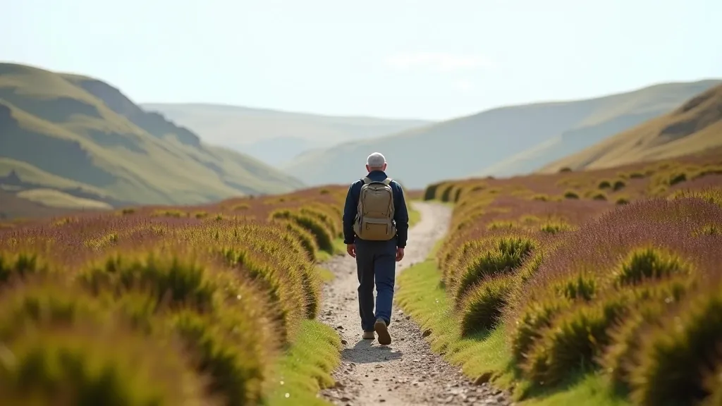 Hiking trail path through moorland with low vegetation, gentle slope, coastal background visible, safe well-maintained walking route