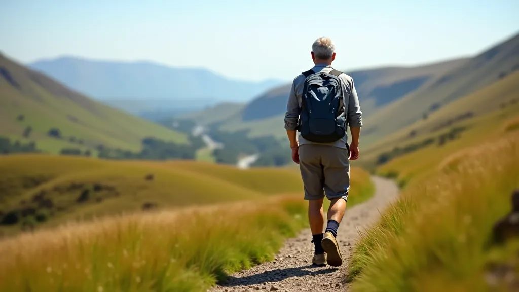 Senior hiker with proper gear on mountain trail