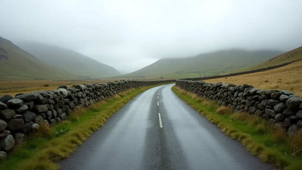 Rural Irish countryside road leading to hiking trailhead, stone walls on either side, Donegal landscape, overcast sky, authentic hiking location