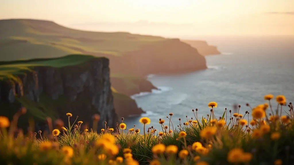 Panoramic view of Slieve League cliffs with Atlantic Ocean, colorful wildflowers in foreground, golden hour sunlight illuminating the sea stacks