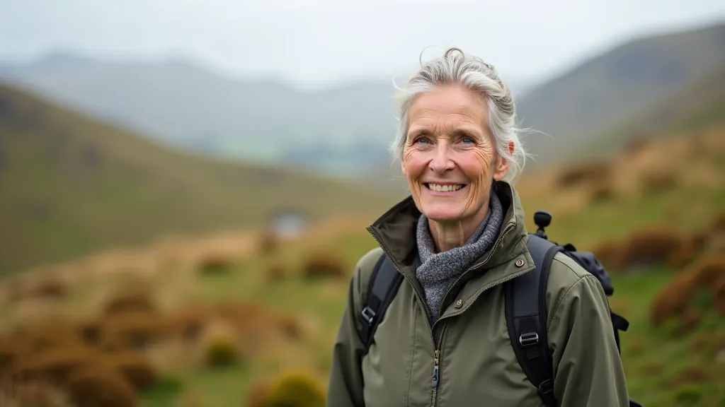Older adult on hiking trail wearing comfortable outdoor clothing and sturdy walking boots