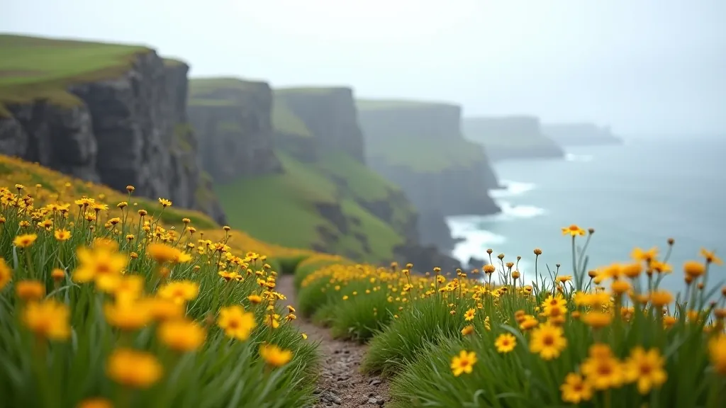 Spring wildflowers blooming along a coastal hiking trail with green cliffs and ocean in background