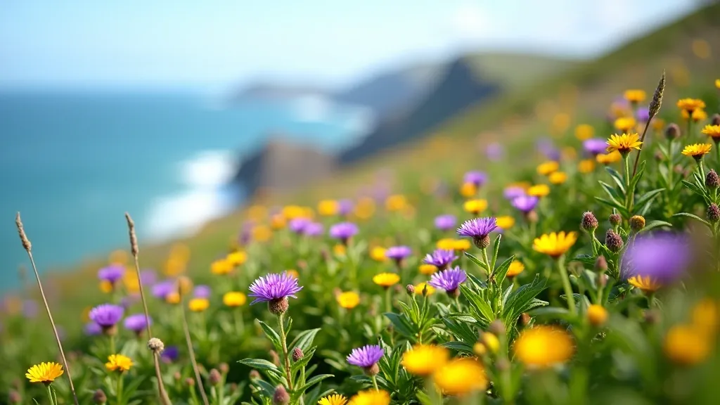 Colorful wildflowers blooming along a coastal hiking path during summer season