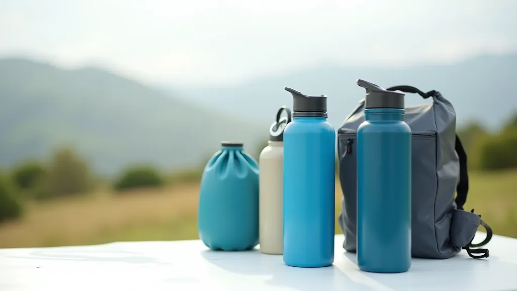 Water bottles and hydration system for hiking laid out on white surface