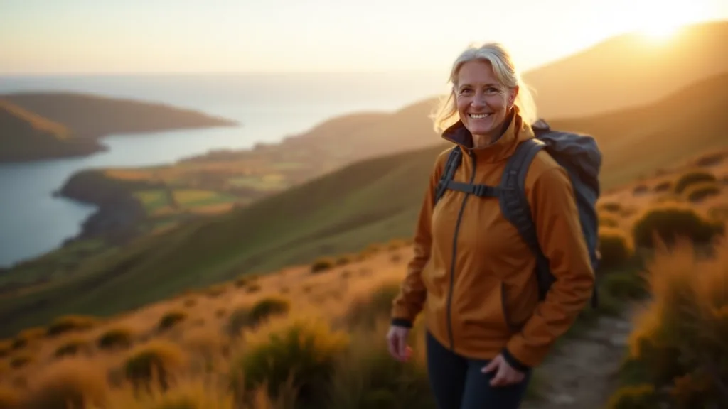 Síle standing on a hiking trail in Donegal with coastal landscape in background, wearing outdoor hiking gear